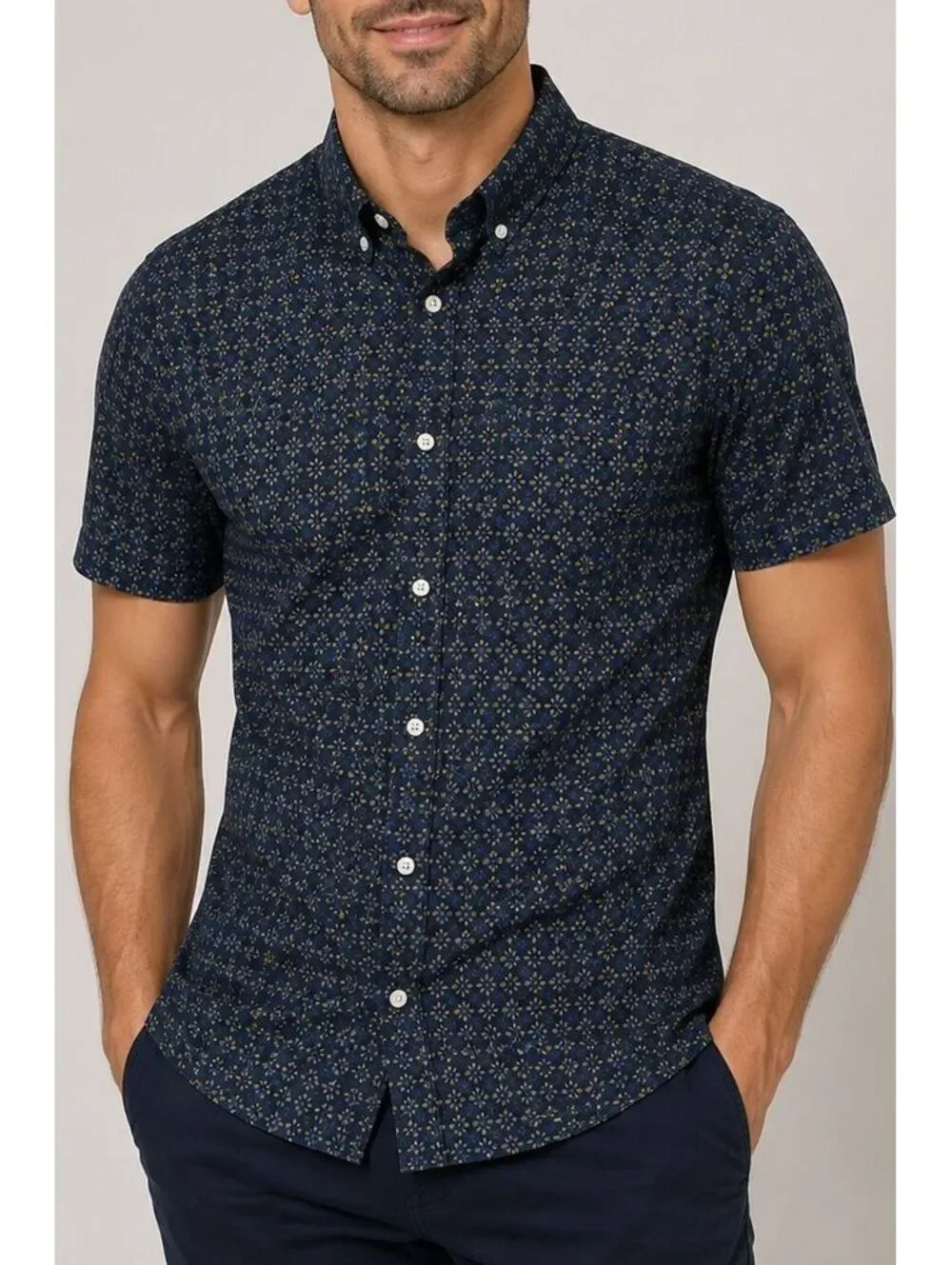 GAP Slim Fit Button Down Shirt Mens Medium Navy Floral Print Short Sleeve Cotton